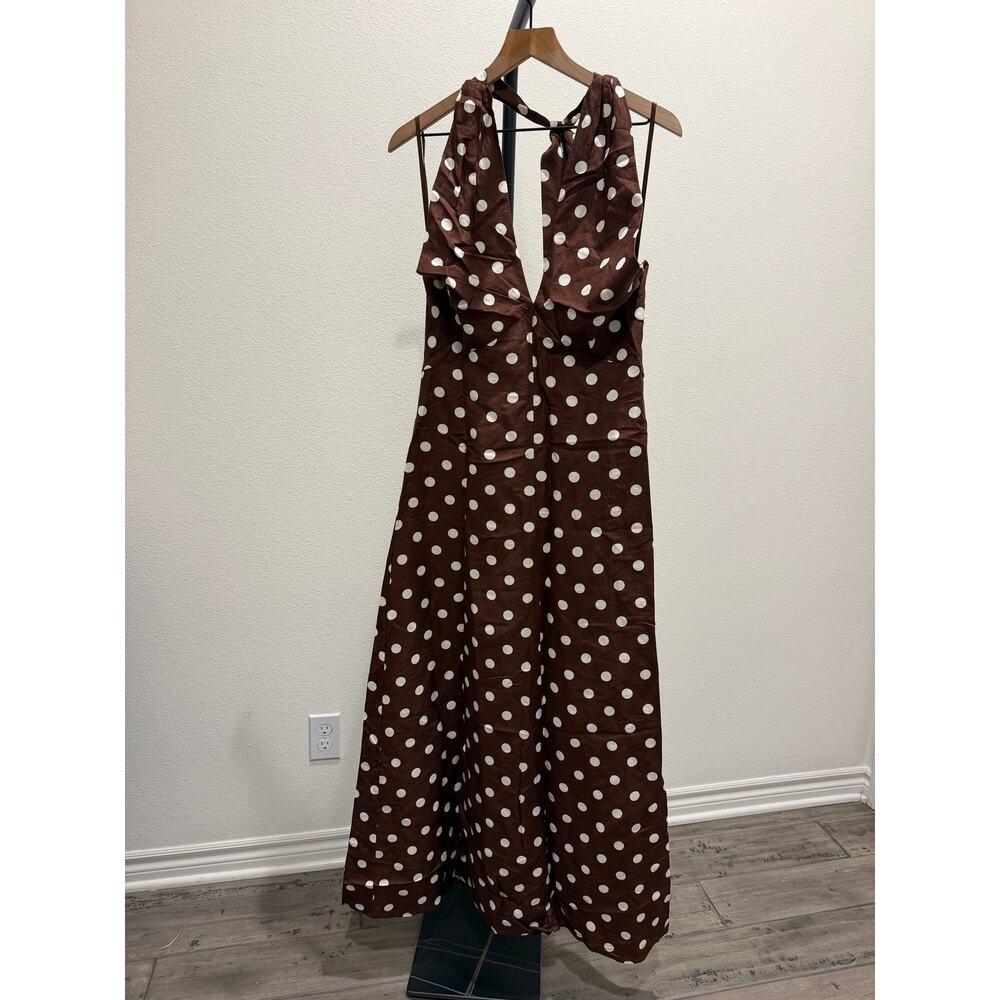 New O.P.T Noelle cotton brown polka dot maxi dress $197 sz S - Picture 5 of 6
